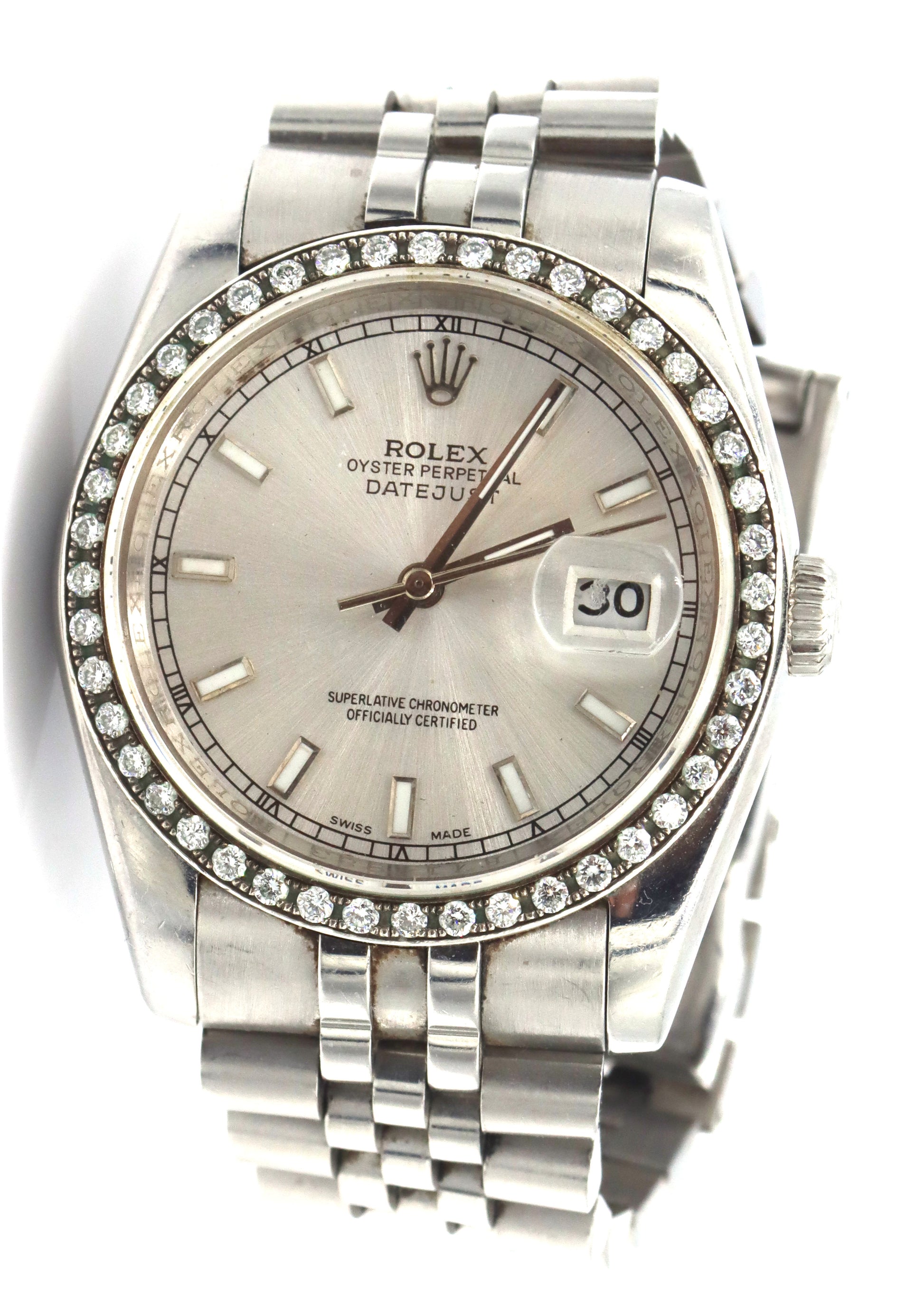 Rolex Oyster Perpetual date just stainless steel watch with after market diamond bezel
