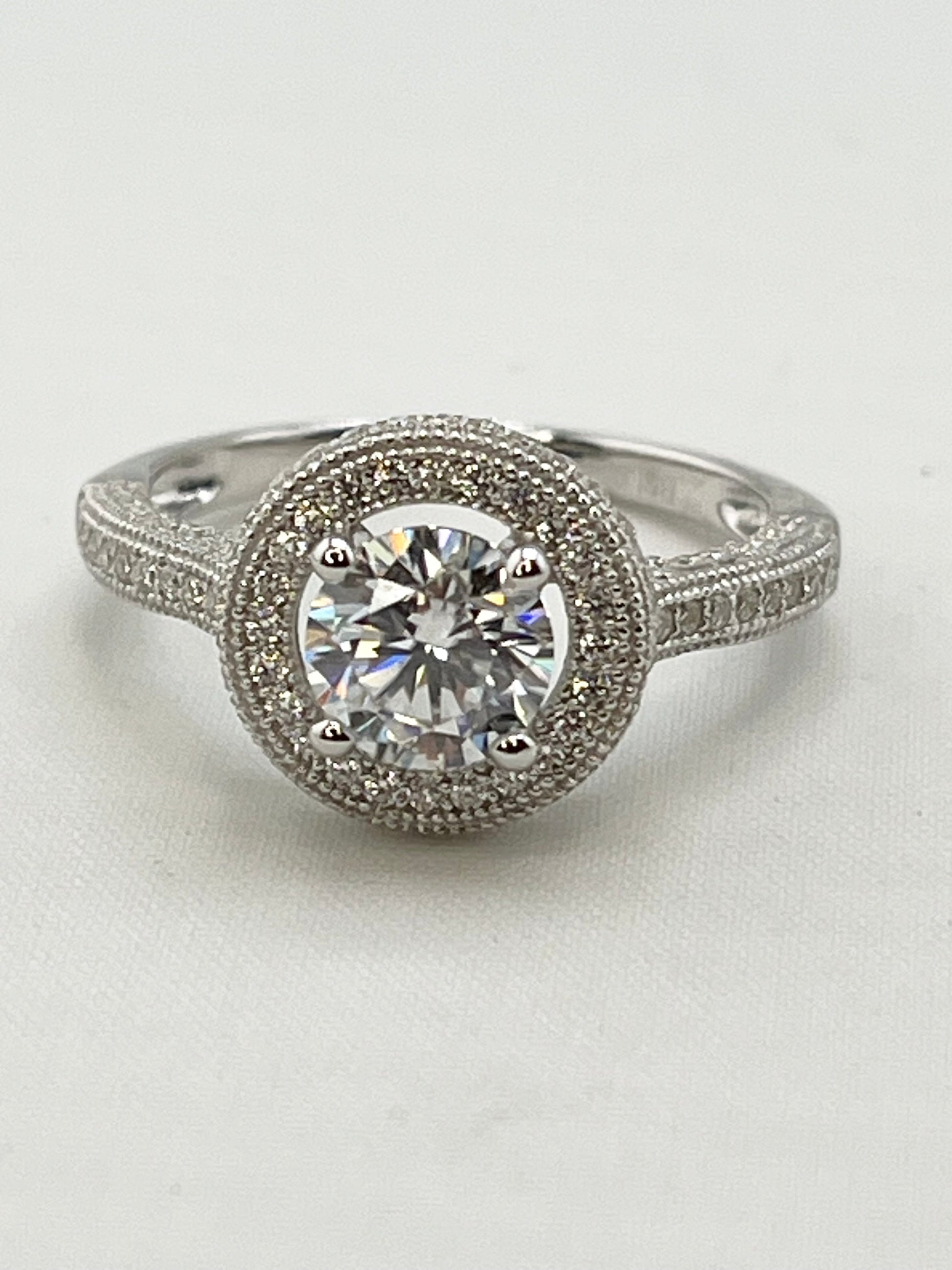 925 Sterling Silver TW One Carat Brilliant Cut Moissanite Halo Engagement Ring
