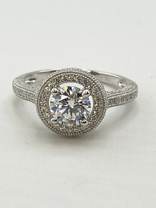 925 Sterling Silver TW One Carat Brilliant Cut Moissanite Halo Engagement Ring