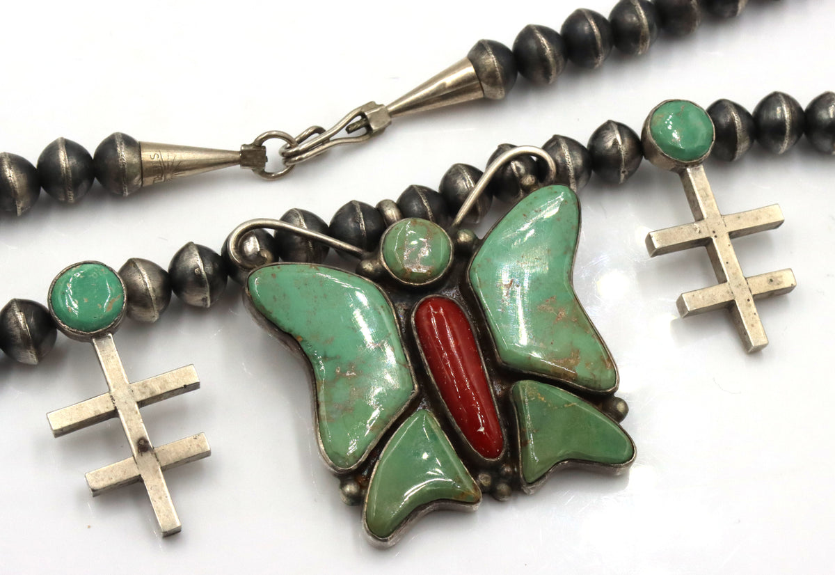 925 Sterling Silver Oscar Alexius Old Style Amertican Native Turquoise Butterfly Necklace