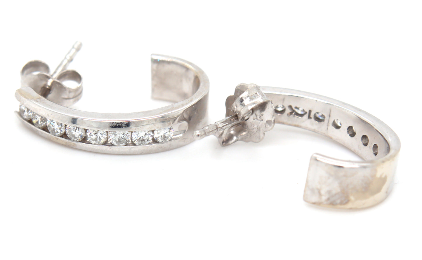 14kt White gold channel set J hoop earrings