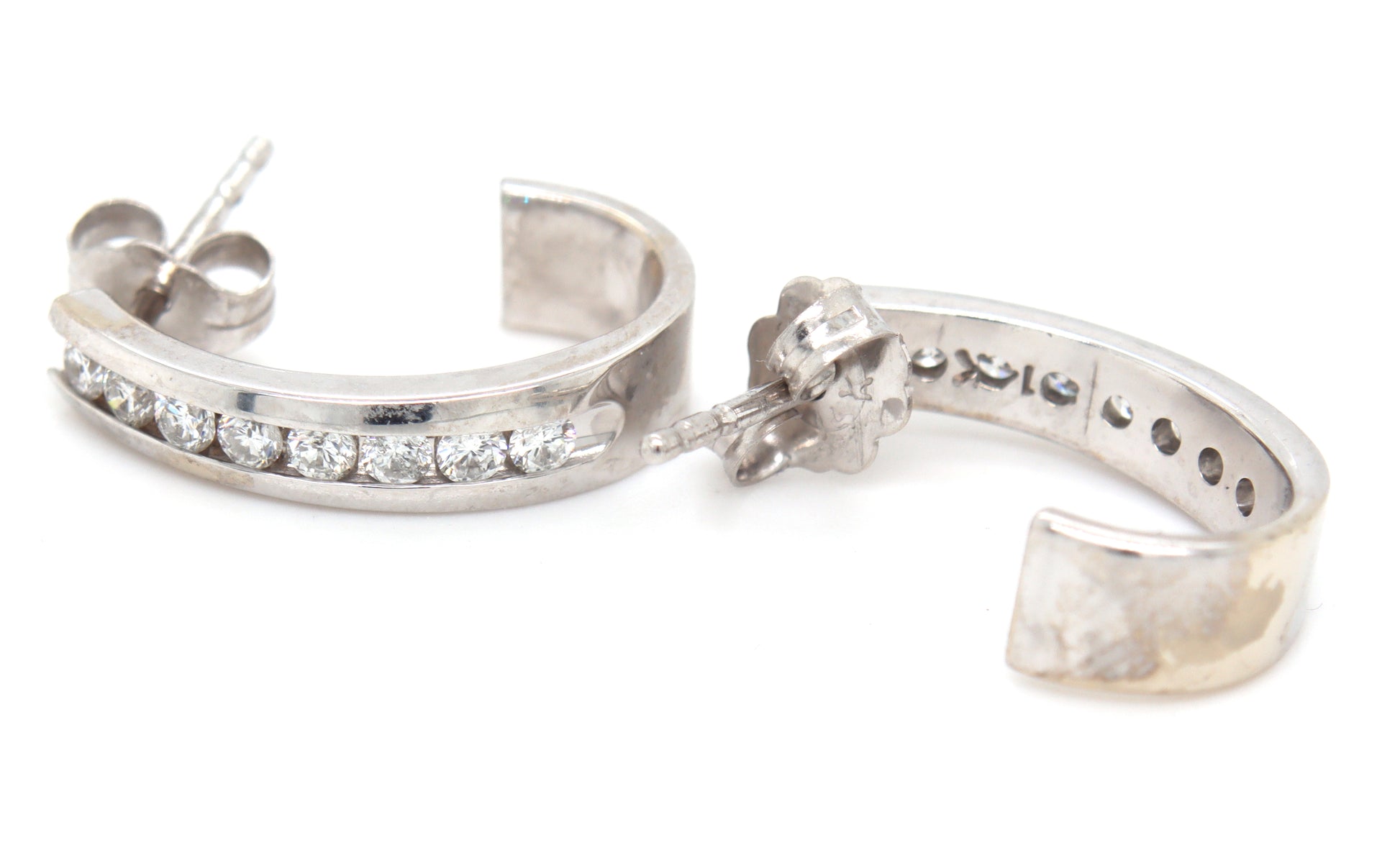 14kt White gold channel set J hoop earrings