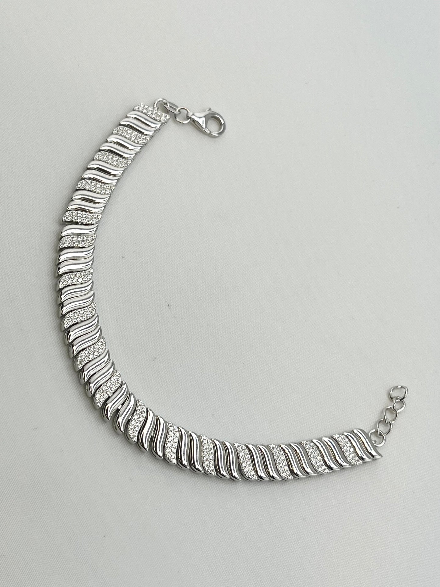 925 Sterling Silver CZ Wave Link Bracelet