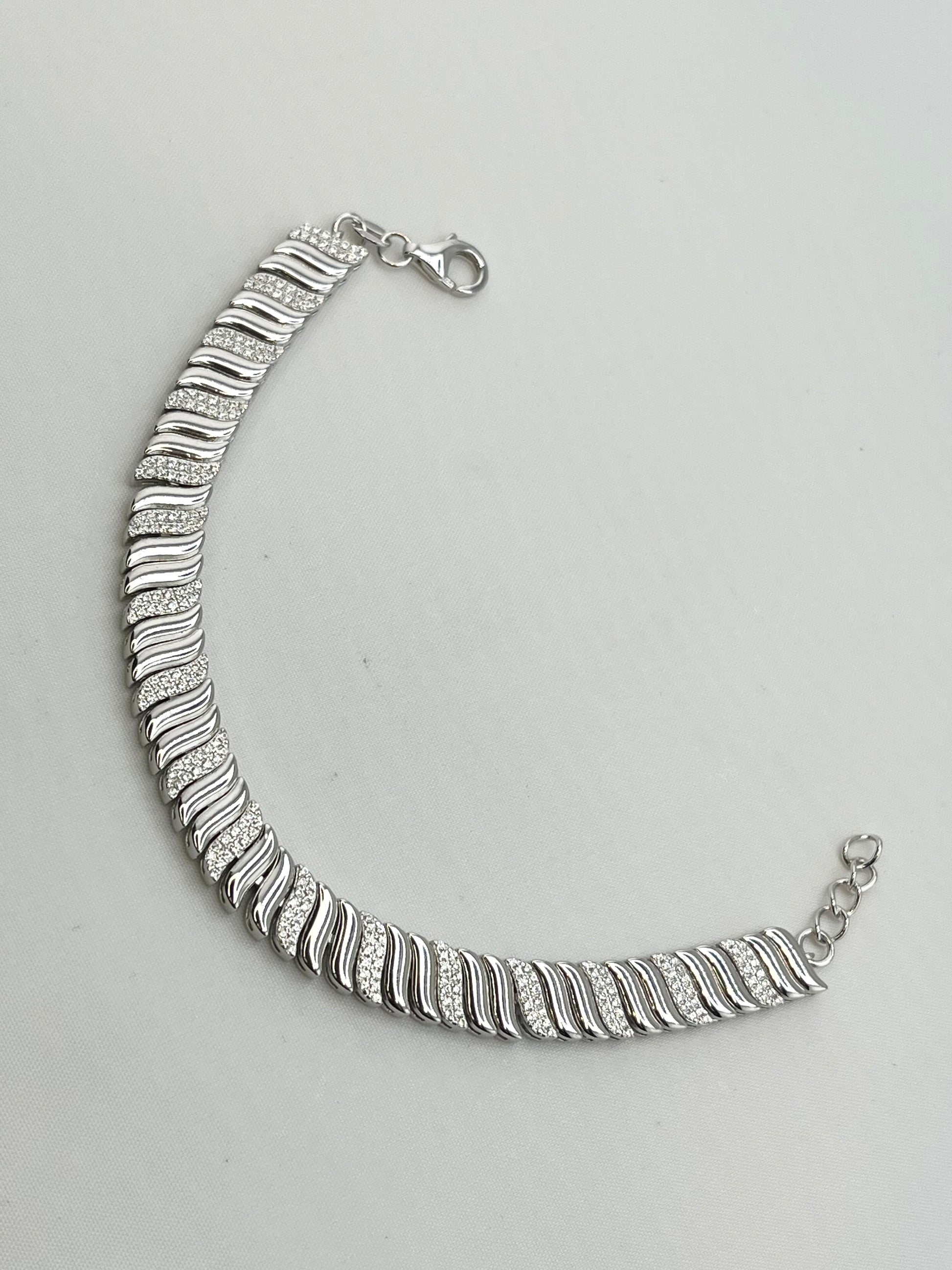 925 Sterling Silver CZ Wave Link Bracelet