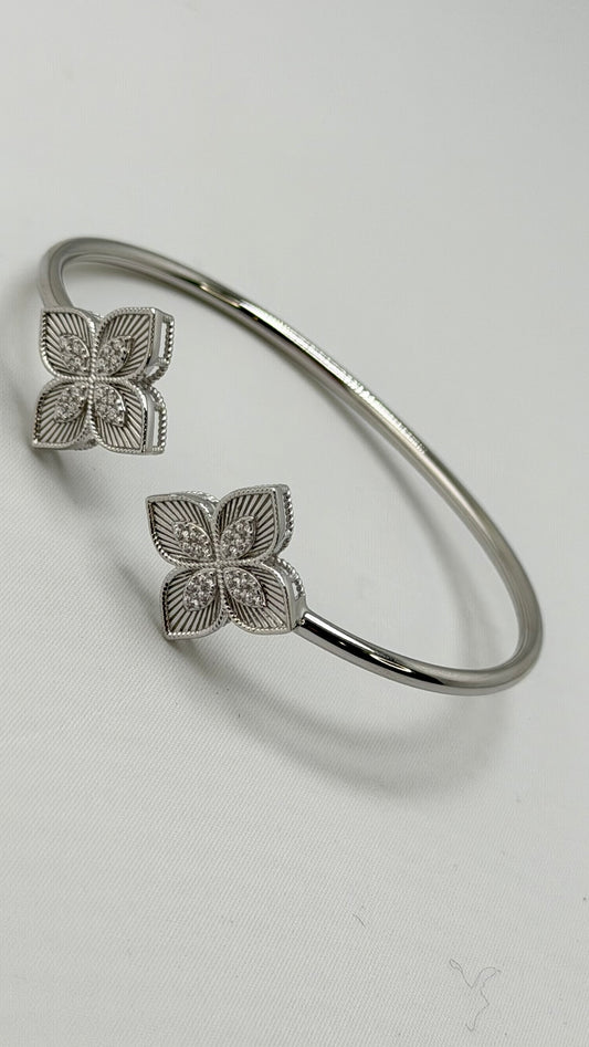 925 Sterling Silver Twin Princess Flower Twisted Cuff Bracelet