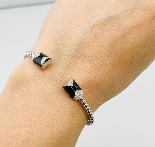 925 Sterling Silver Beaded Bar Black Onyx and Crystal Open Bangle