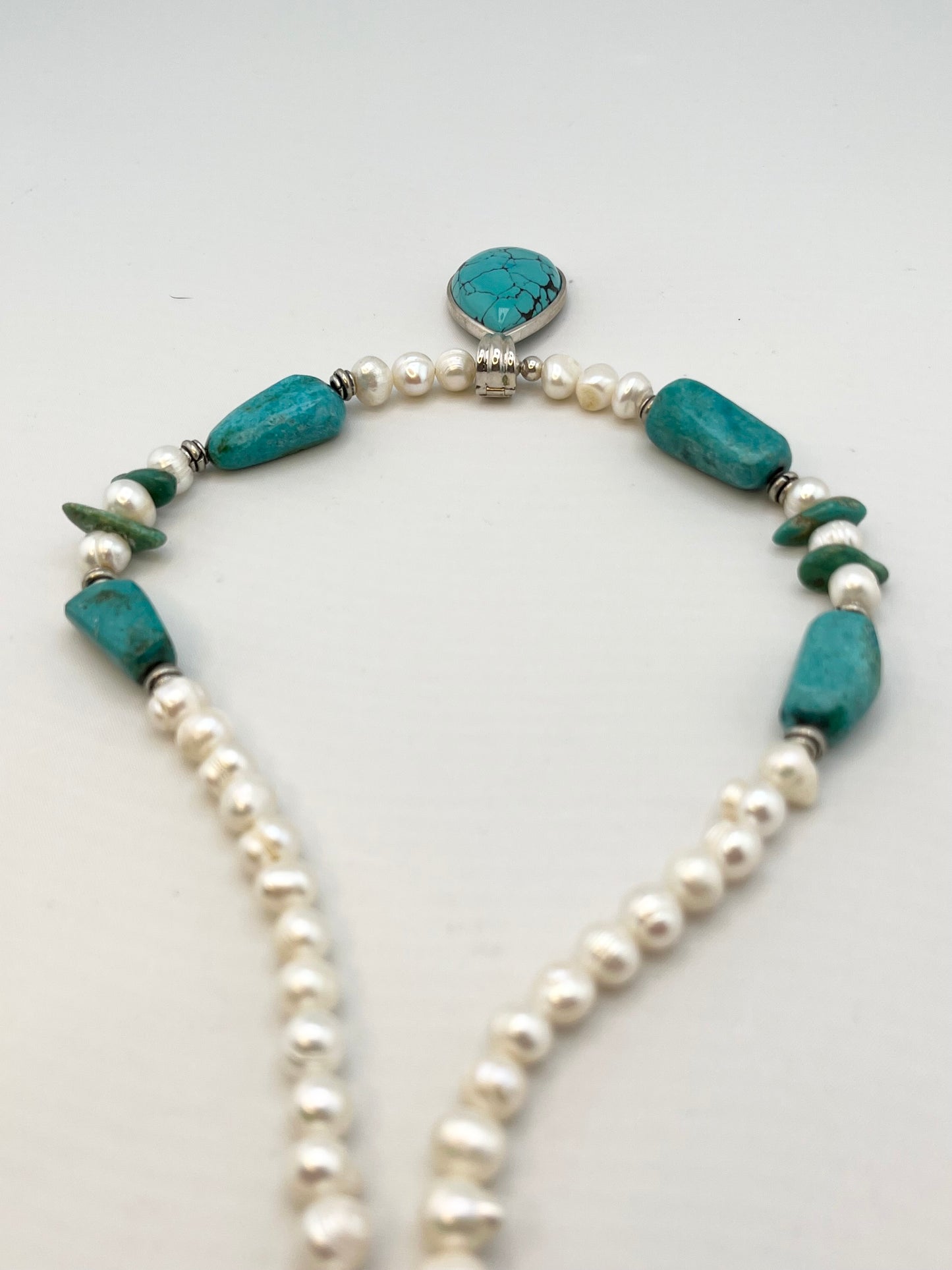 925 Sterling Silver Barse Signed Turquoise And Pearl necklace With Tear Drop Pendant