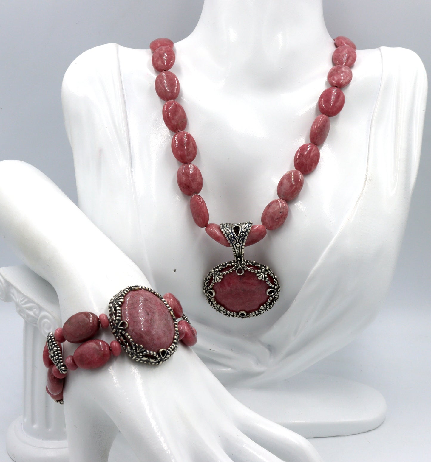 Set of Carolyn Pollack southwest sterling silver pink Rhodonite pendant necklace with matching brace