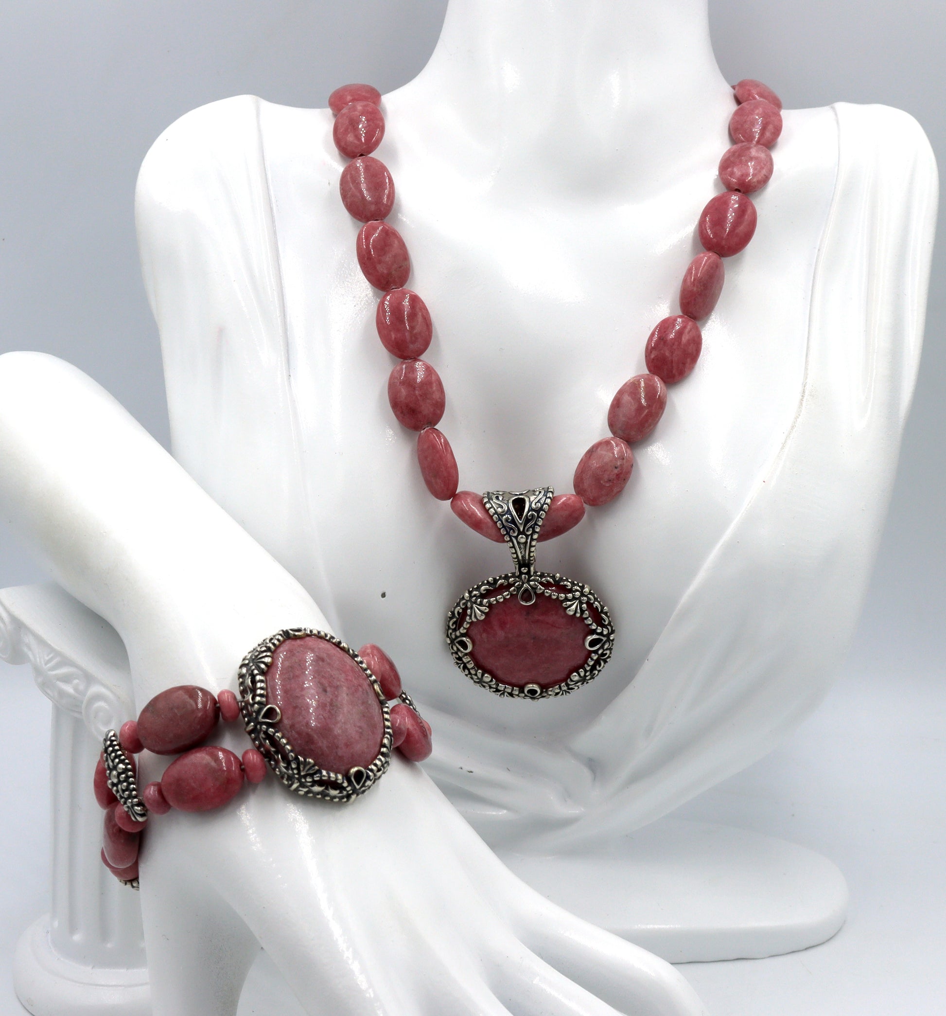 Set of Carolyn Pollack southwest sterling silver pink Rhodonite pendant necklace with matching brace