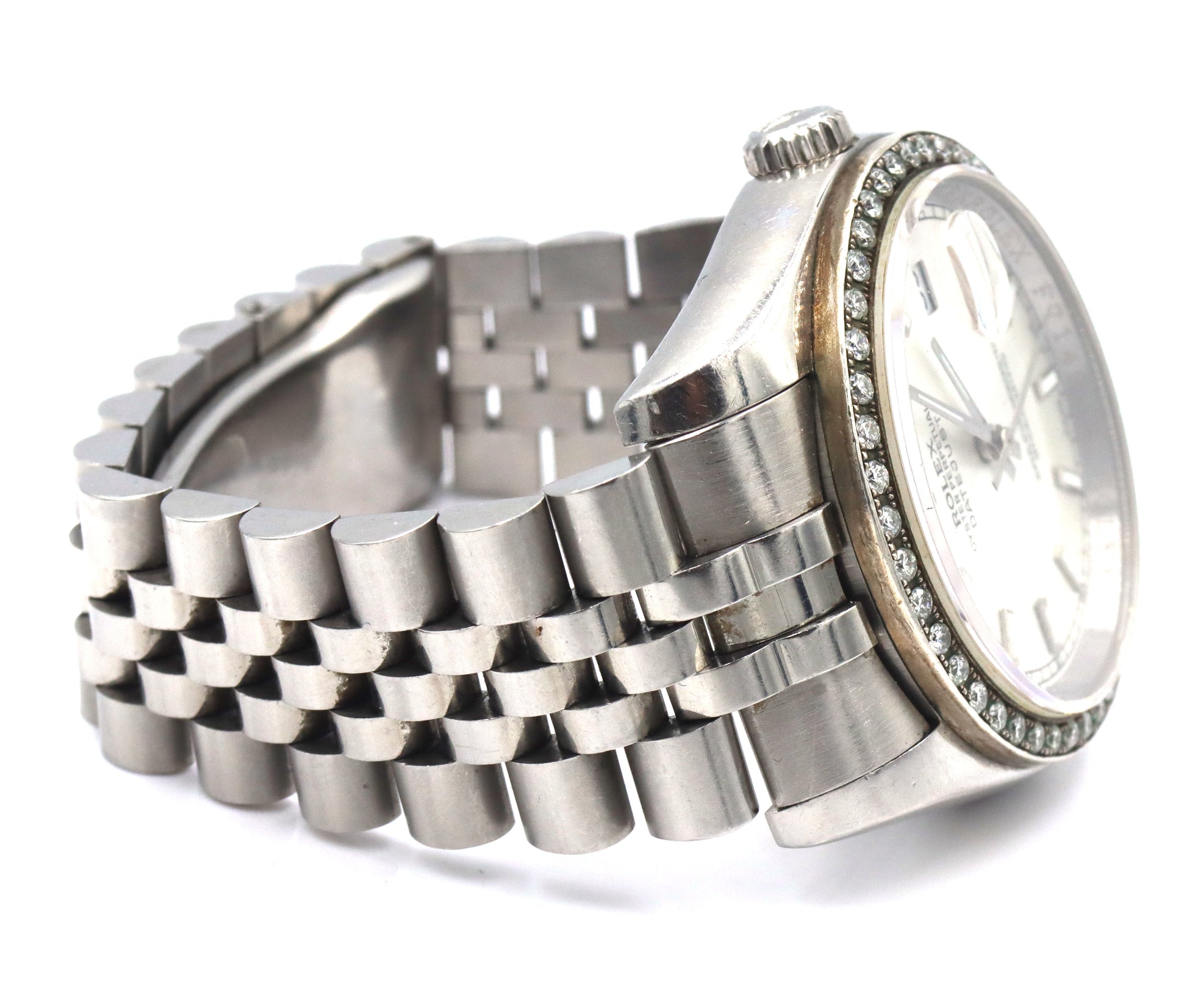 Rolex Oyster Perpetual date just stainless steel watch with after market diamond bezel