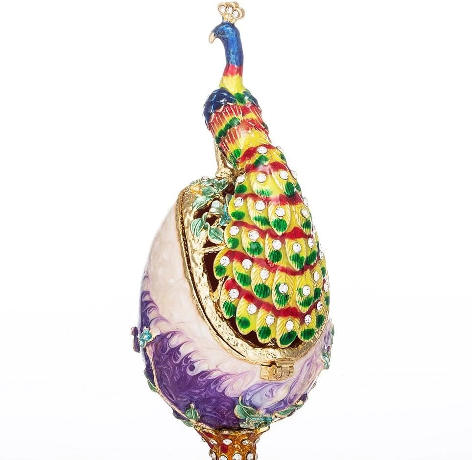 Hand-Painted Peacock Style Fabergé Egg Enamel Trinket Box
