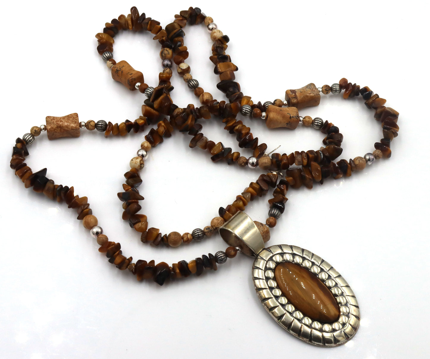 925 Sterling silver tiger eye pendant on beaded tiger eye necklace