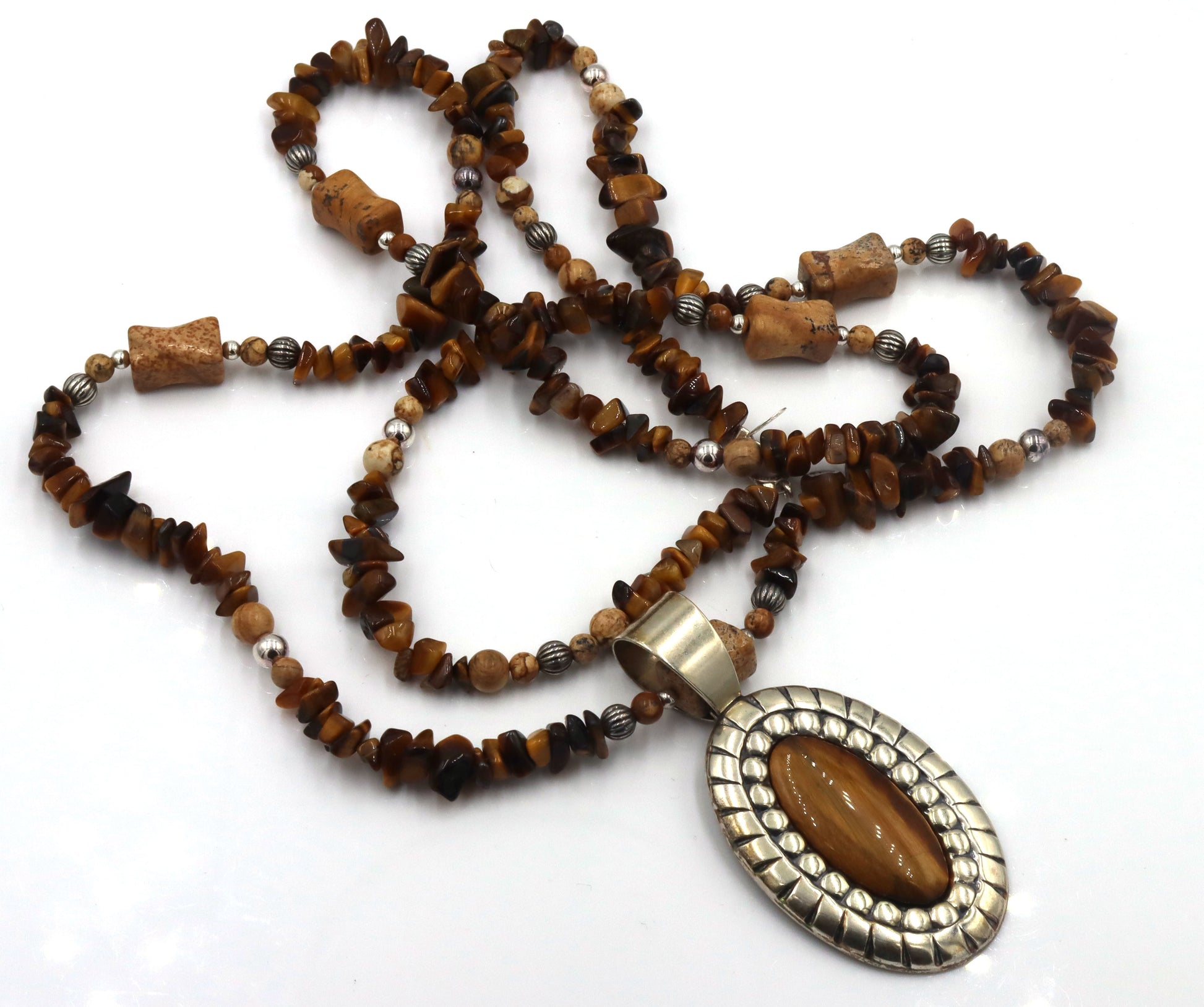 925 Sterling silver tiger eye pendant on beaded tiger eye necklace