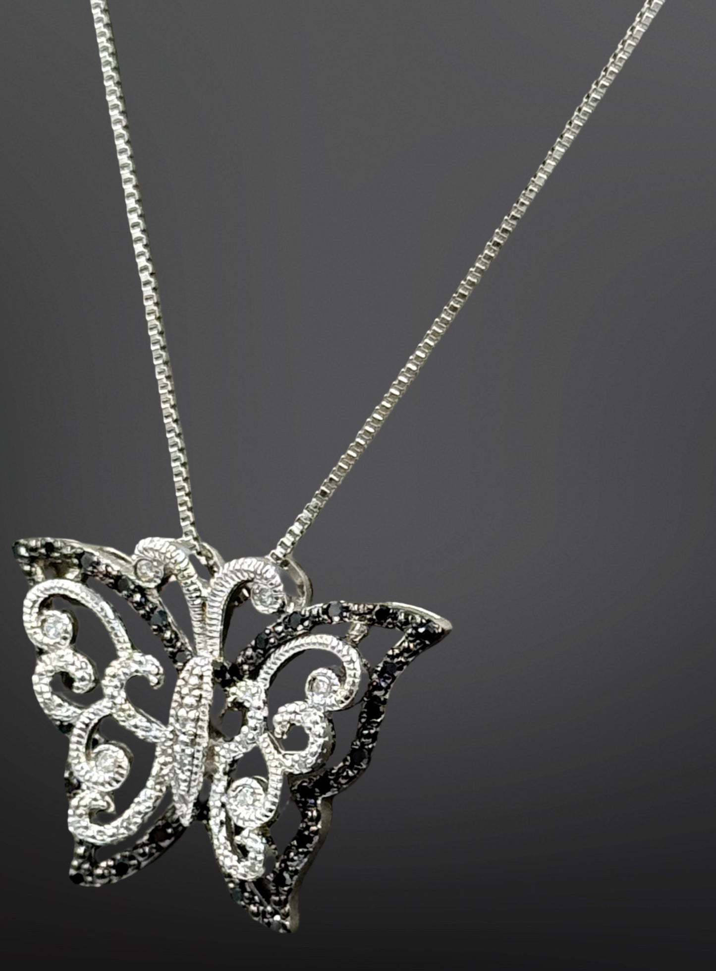 925 Sterling silver black and white diamond butterfly pendant on chain