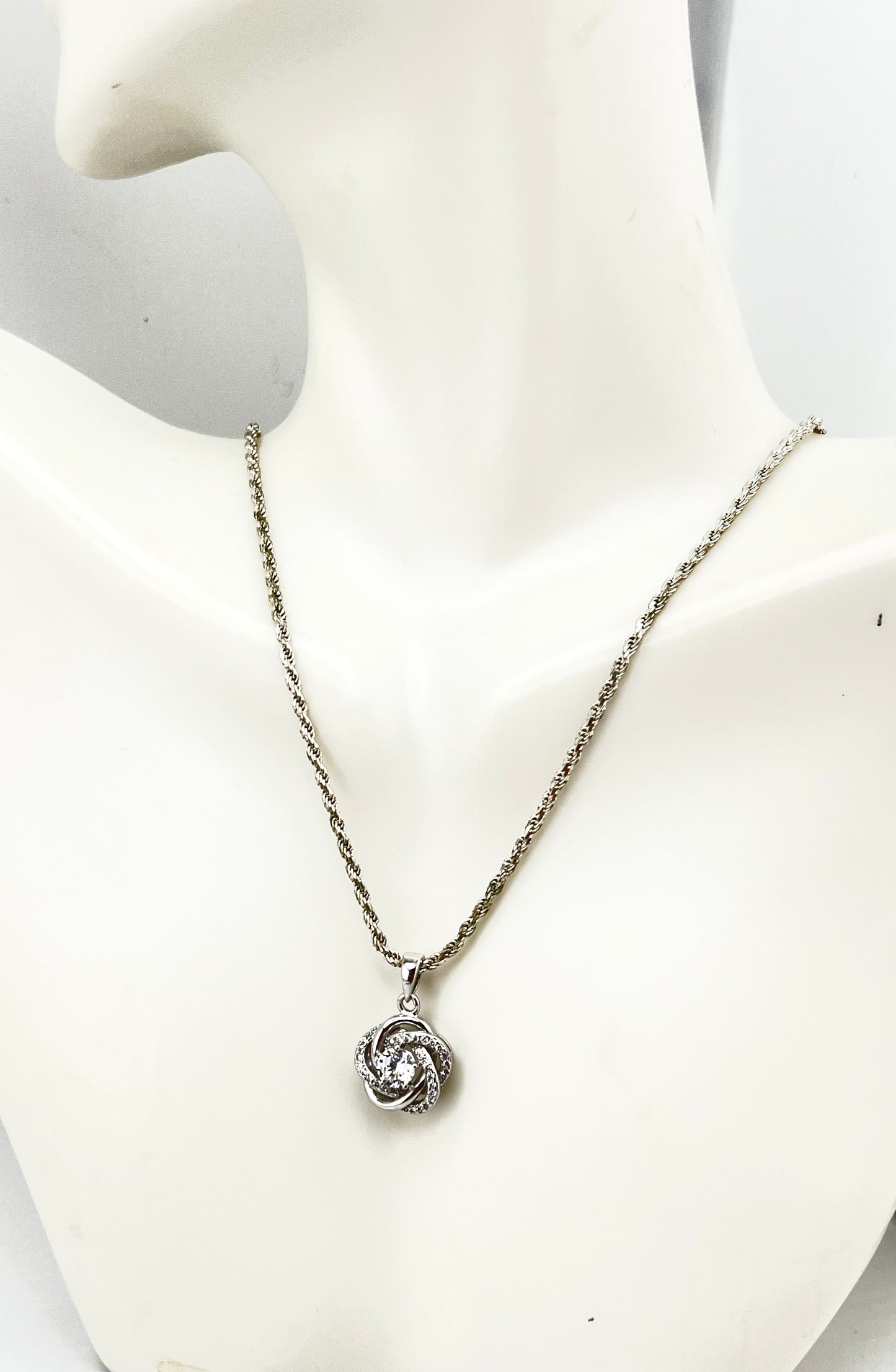 Italian 925 Sterling Silver Infinity Love Knot CZ Pendant with Rope Chain Necklace