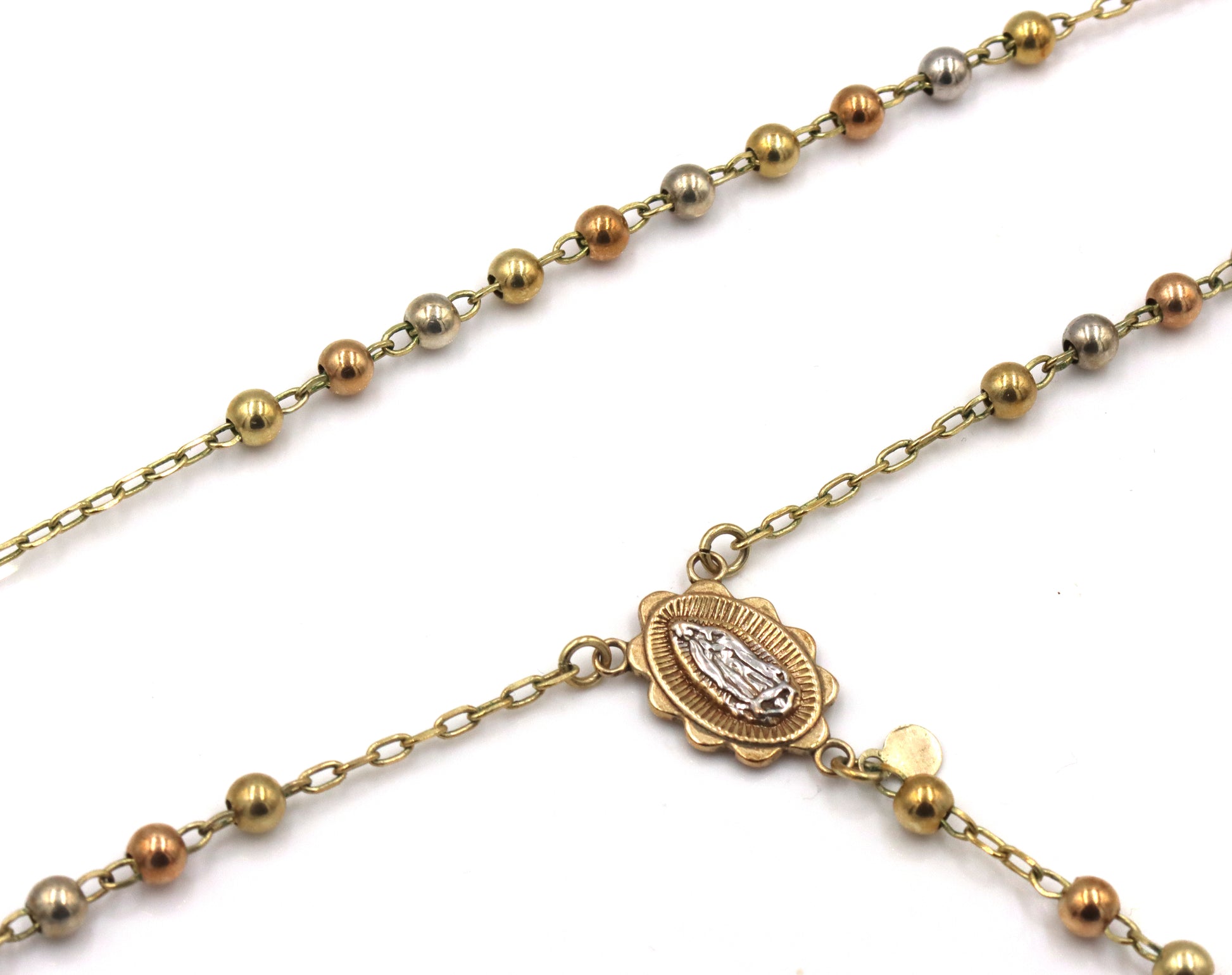 14kt Tri color gold Rosary necklace with A initial