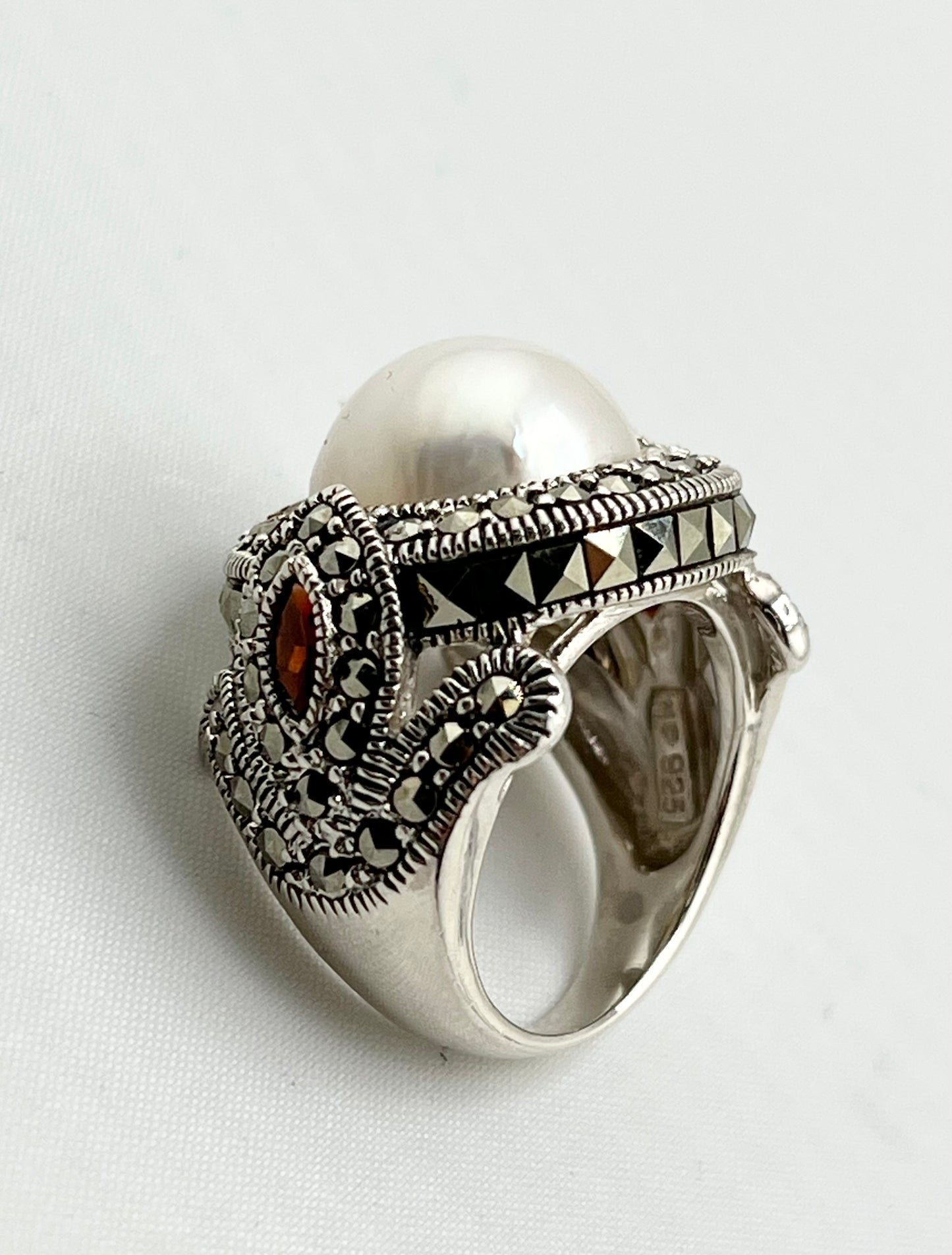 925 Sterling Silver Victorian Blister Pearl And Faceted Marcasite Ring