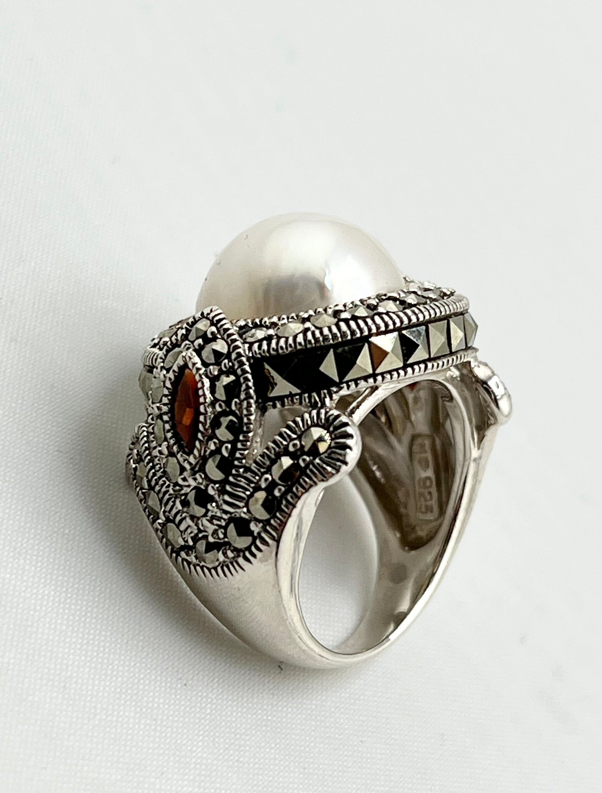 925 Sterling Silver Victorian Blister Pearl And Faceted Marcasite Ring
