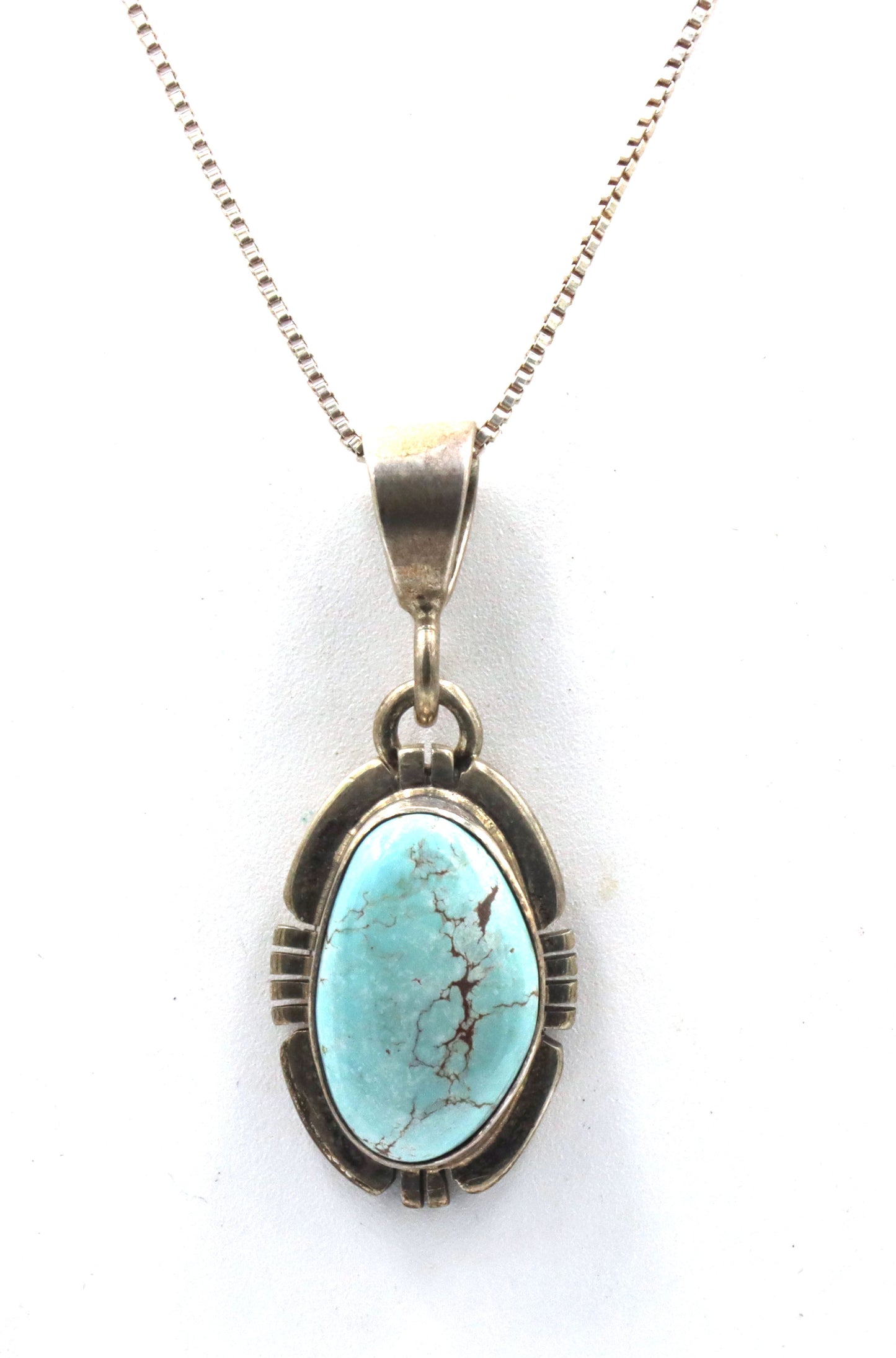 P.Sanchez signed 925 sterling silver turquoise pendant on box chain necklace