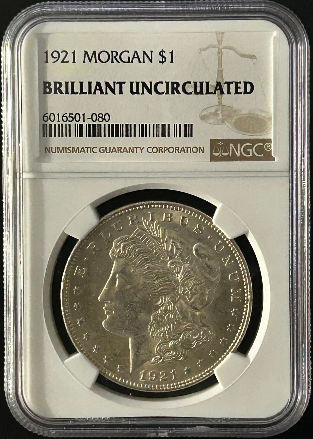 1921 Morgan Silver Dollar Brilliant Uncirculated NGC Holder