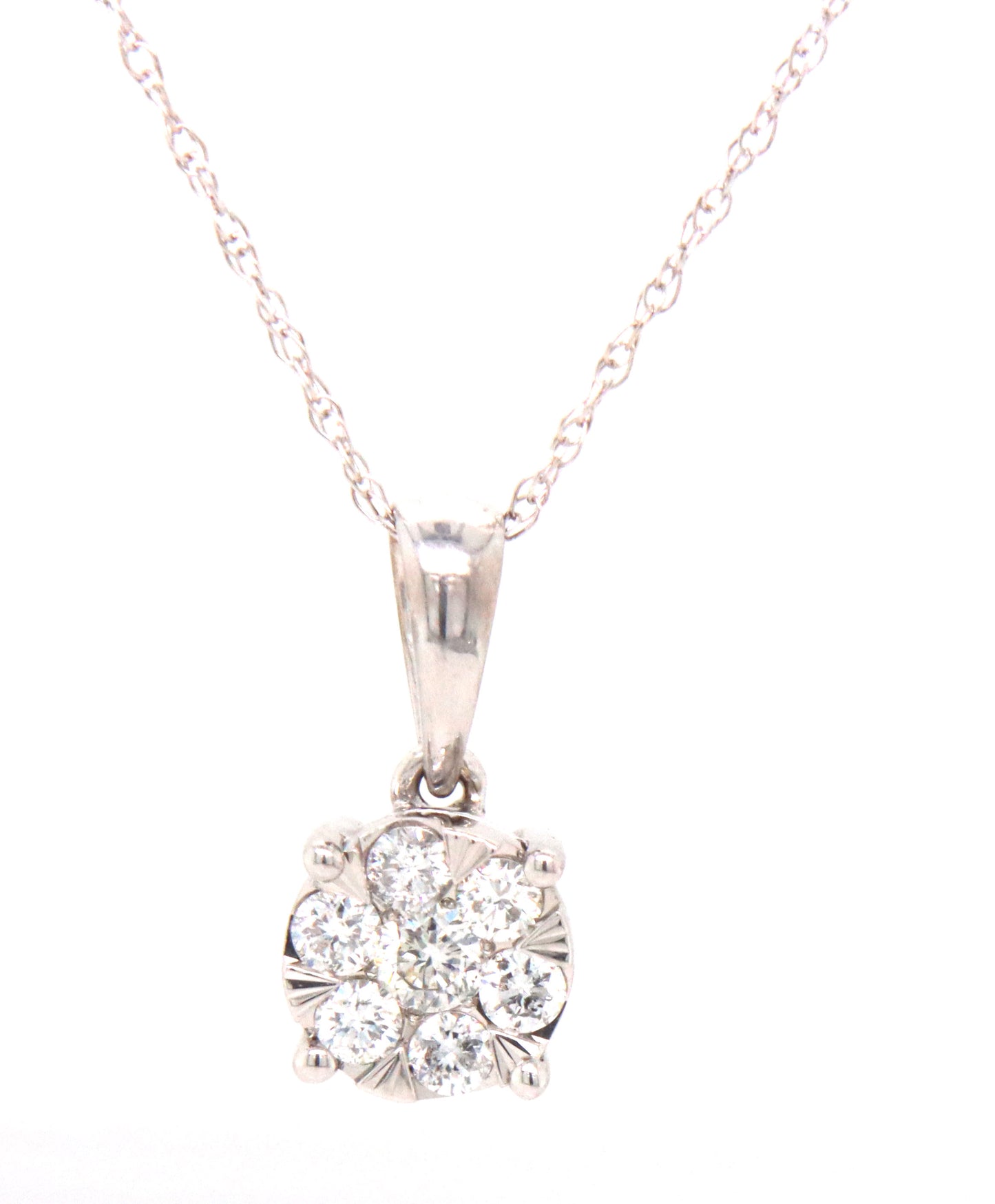 14kt White gold diamond cluster flower pendant on chain