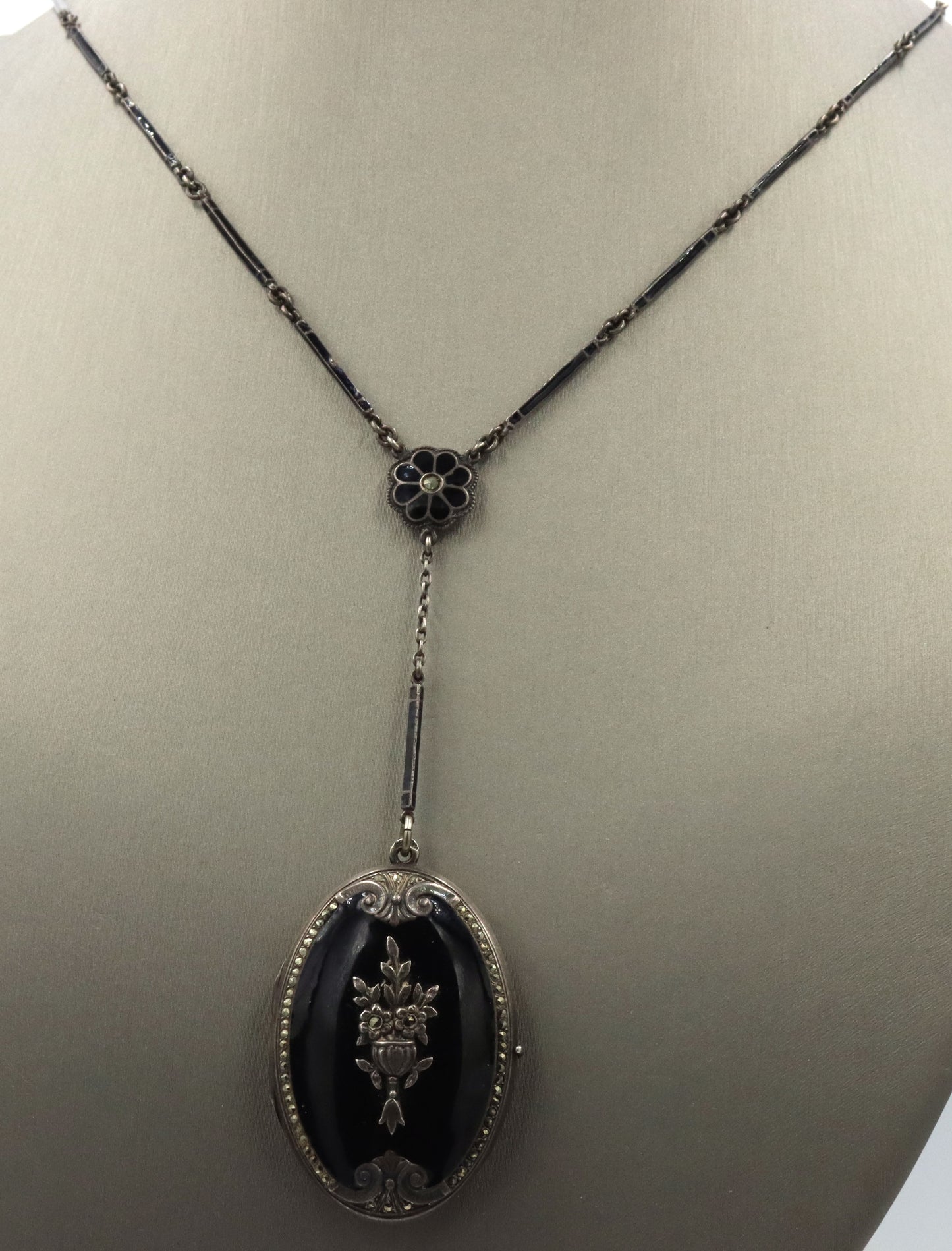 Vintage 925 sterling silver black onyx photo locket pendant lariat necklace