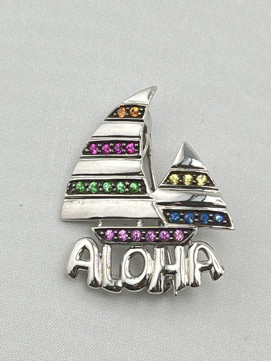 14KT White Gold Saliboat Aloha Brooch