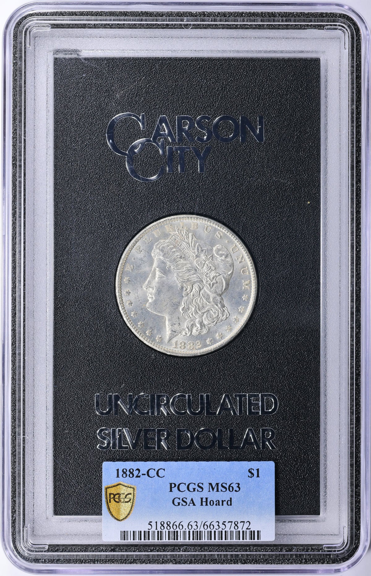 1882-CC Morgan Silver Dollar GSA Hoard PCGS MS-63 (GSA Holder) with GSA Box and Unnumbered Certifica