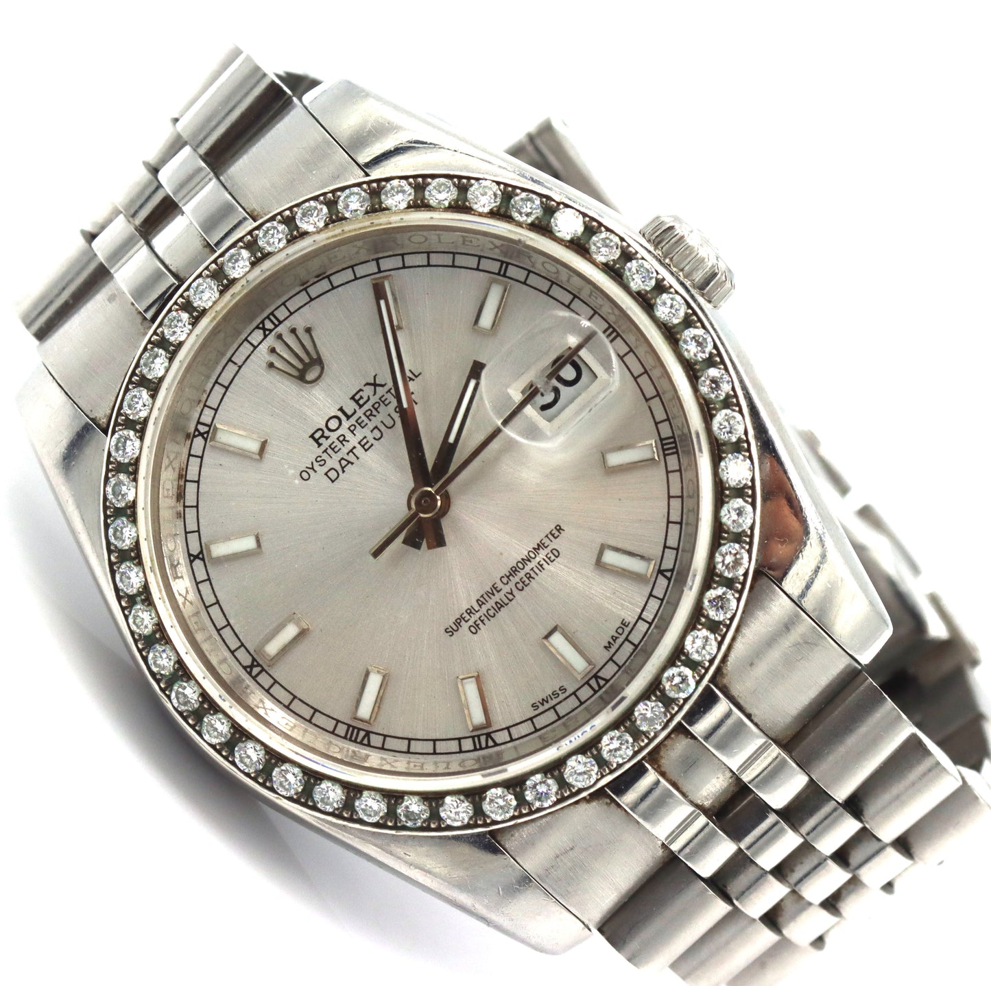 Rolex Oyster Perpetual date just stainless steel watch with after market diamond bezel