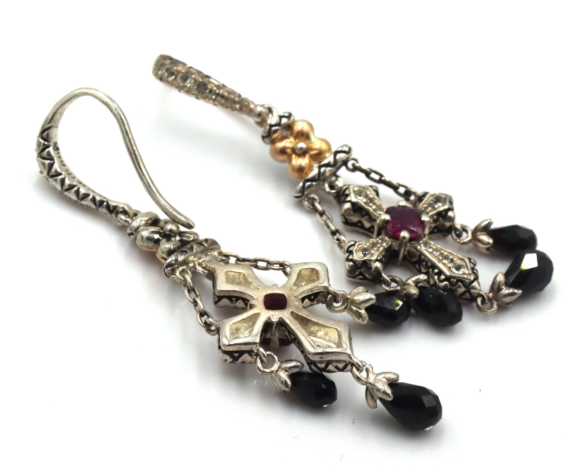 2 Pairs of Barbara Bixby sterling silver blue topaz and garnet Cross dangle earrings