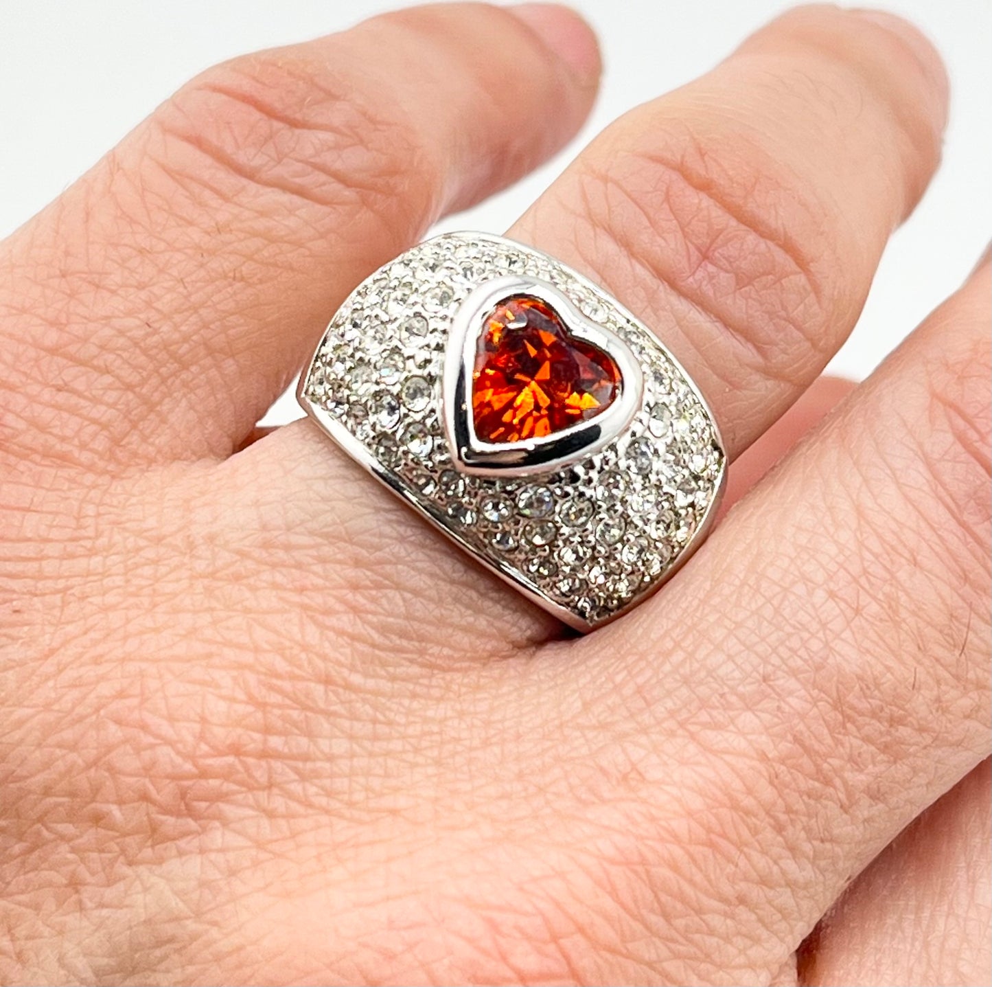 925 Sterling Silver Heart Shape Mandarin Garnet Surrounding With Full CZ Ring.