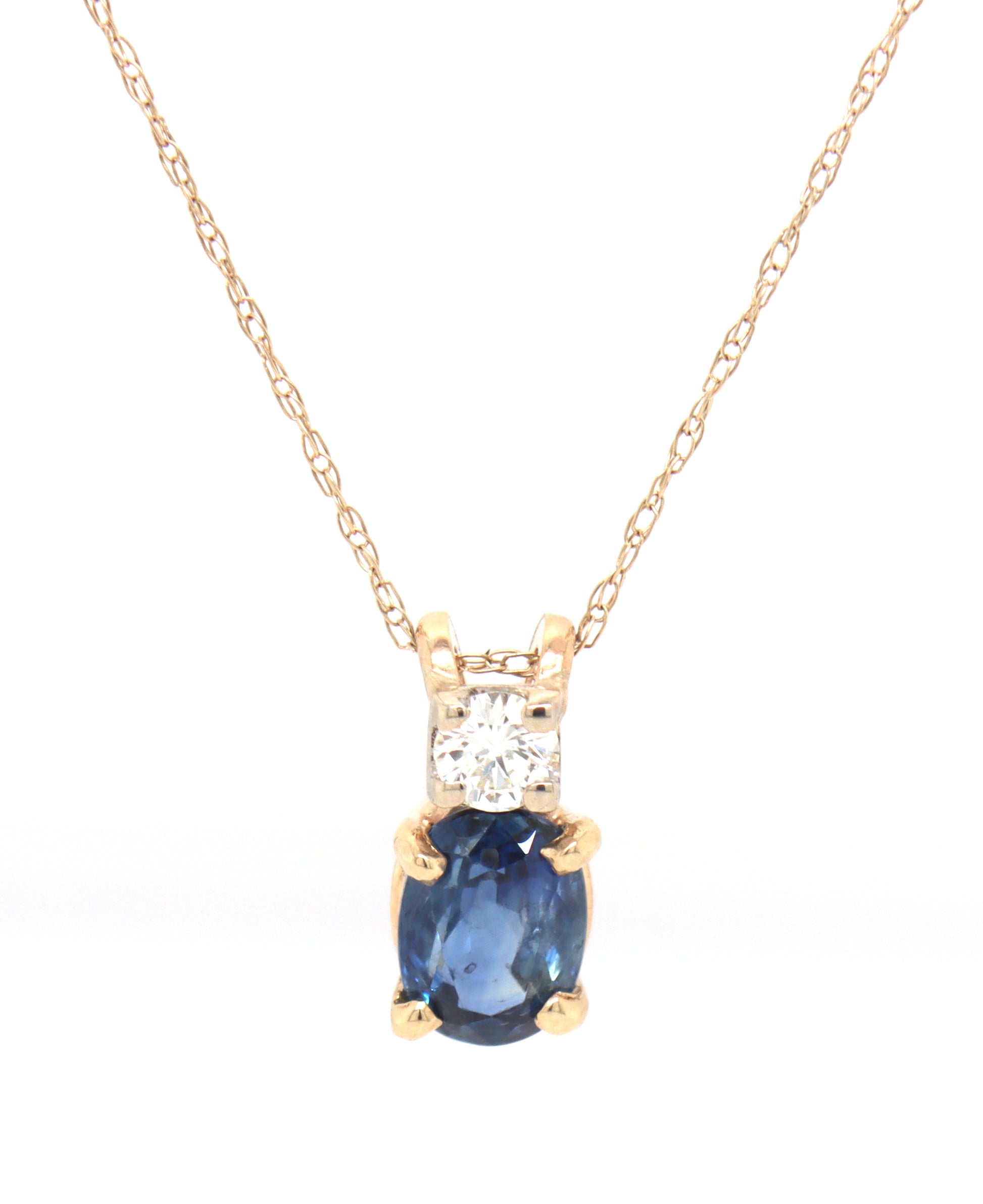 10kt Yellow gold 1.10ct oval sapphire and diamond pendant on chain