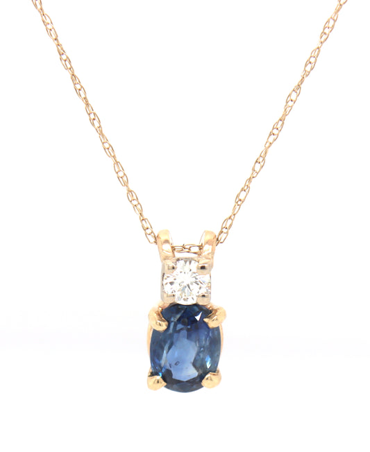 10kt Yellow gold 1.10ct oval sapphire and diamond pendant on chain
