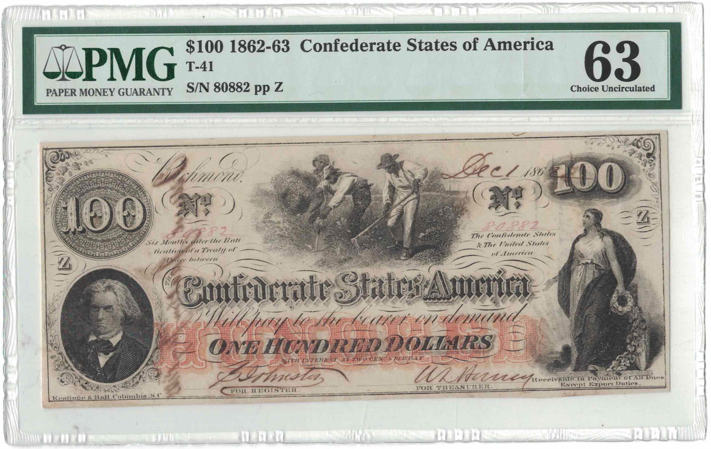 1862-63 $100 Confederate States of America T-41 | PMG 63 Choice Uncirculated | S/N 80882 | Civil War