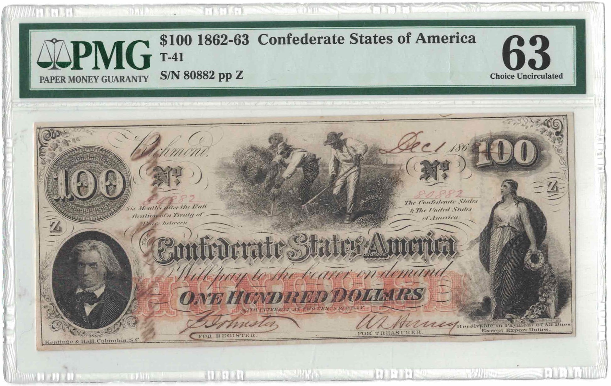 1862-63 $100 Confederate States of America T-41 | PMG 63 Choice Uncirculated | S/N 80882 | Civil War