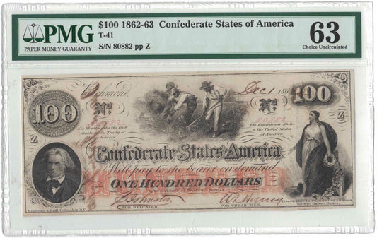 1862-63 $100 Confederate States of America T-41 | PMG 63 Choice Uncirculated | S/N 80882 | Civil War