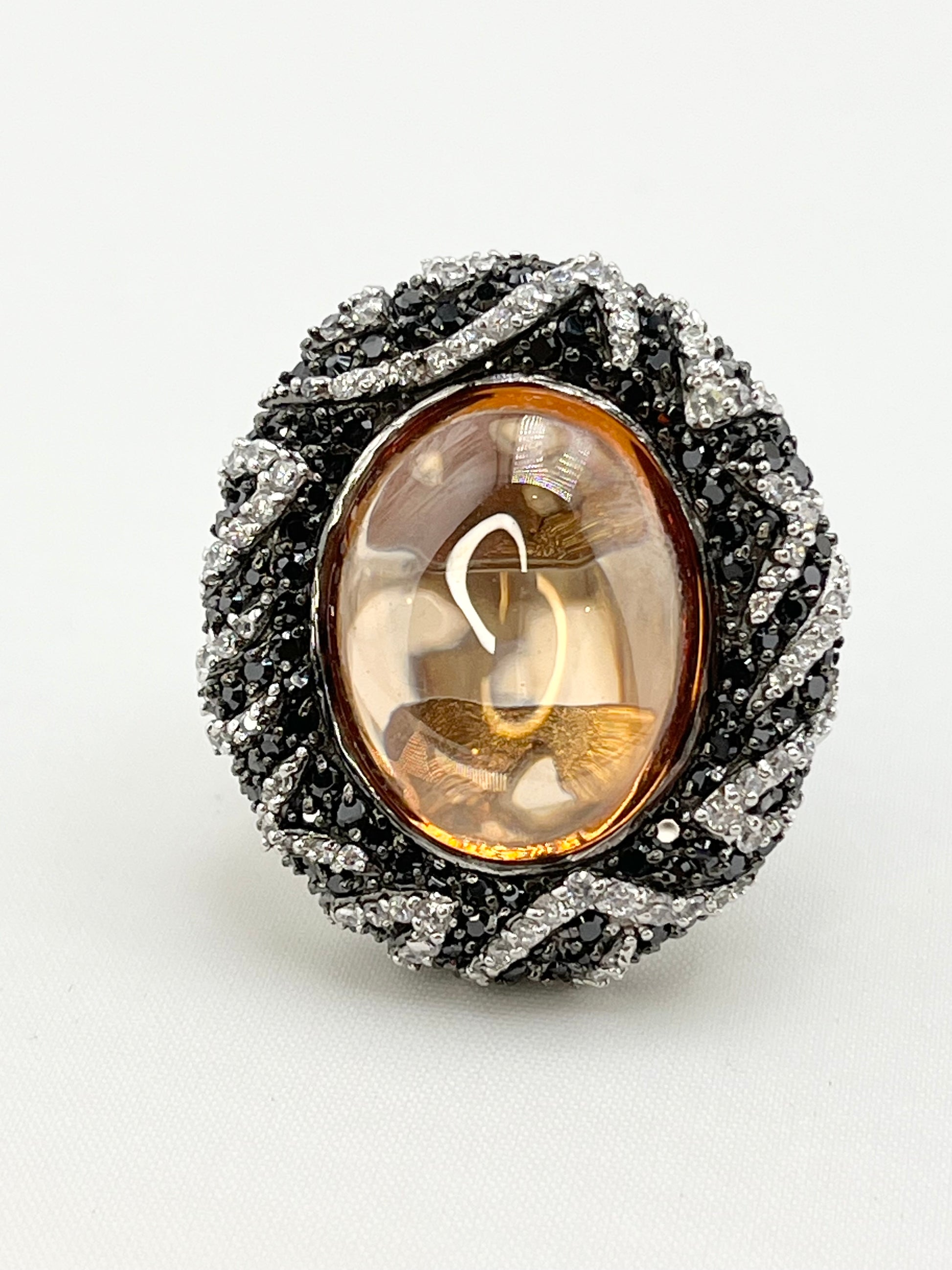 925 Sterling Silver Large Oval Amber Color Stone With Halo And Intricate Black and White Crystal Pav