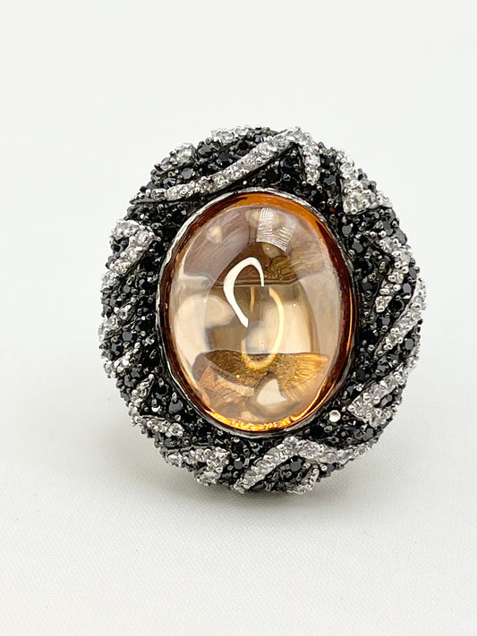 925 Sterling Silver Large Oval Amber Color Stone With Halo And Intricate Black and White Crystal Pav