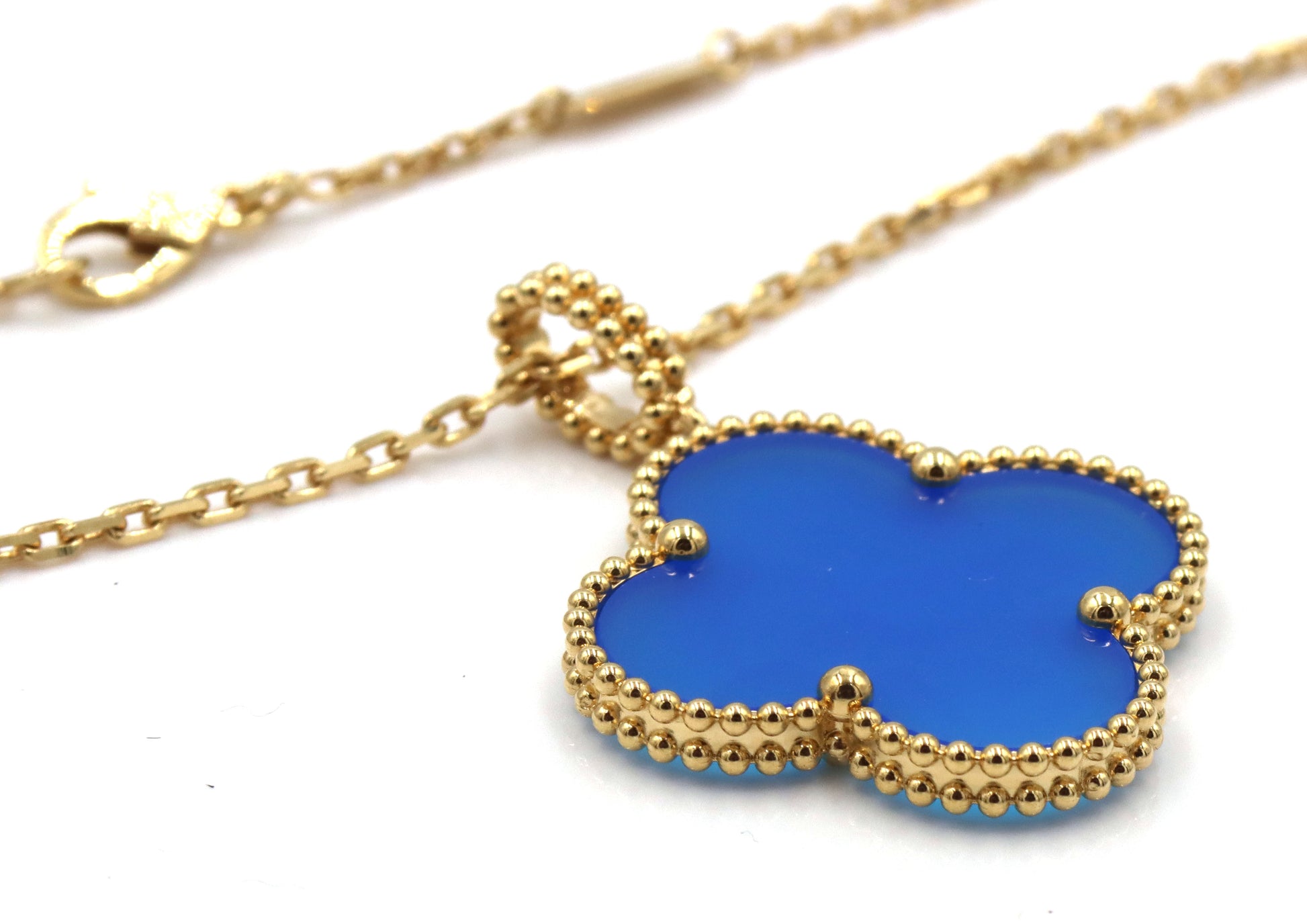 18KT Large Clover In Blue Agate With Long Chain Necklace