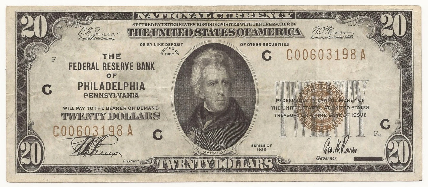 1929 $20 Federal Reserve Bank Note Philadelphia, PA (Fr. 1870-C) Large Seal Brown Serial Fine (F) Co