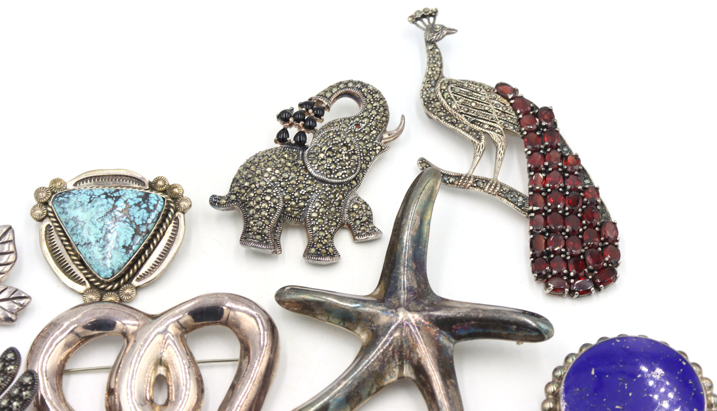 Big group lot of Vintage 925 sterling silver gemstone brooches
