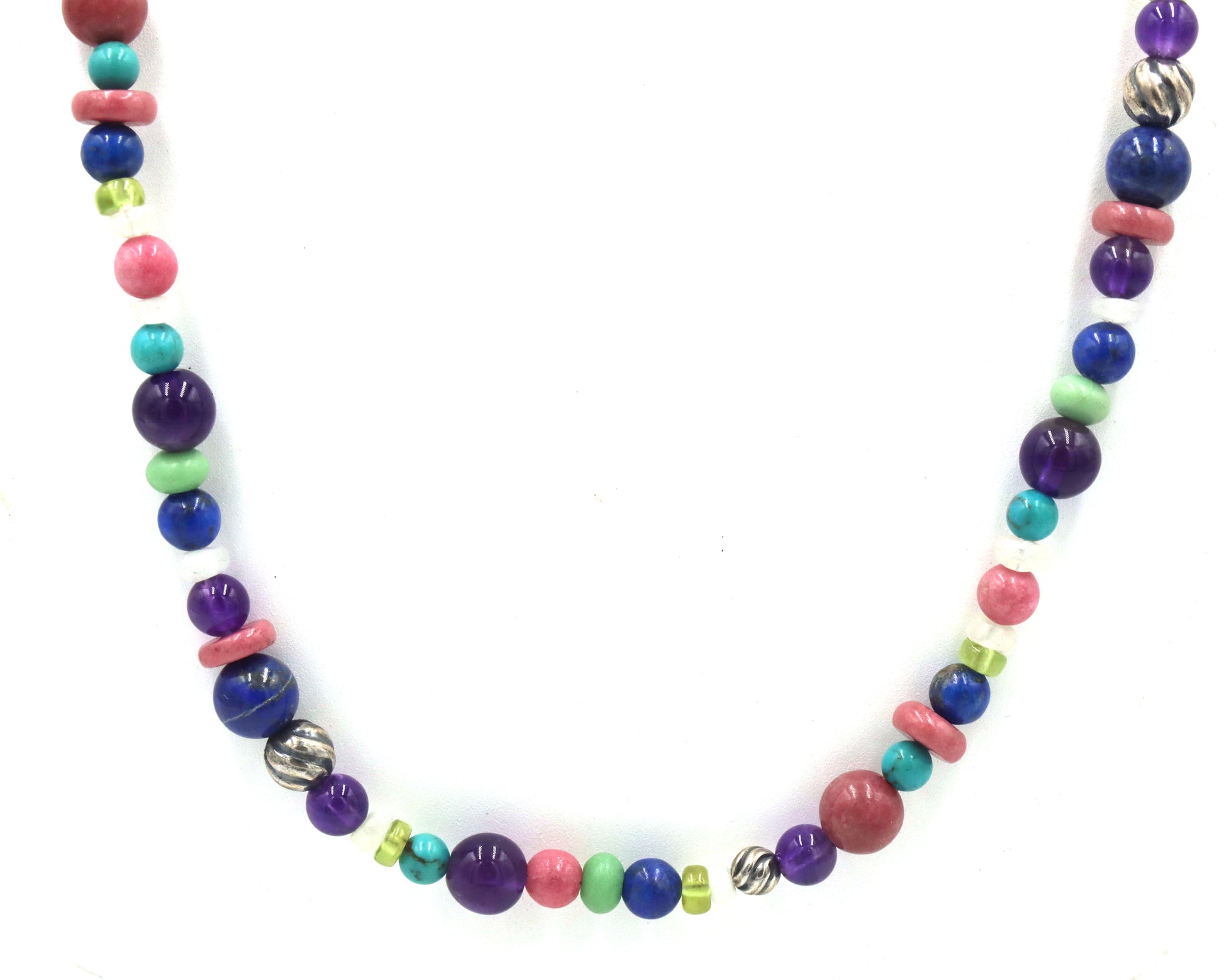 Multi color gemstone and silver beaded necklace