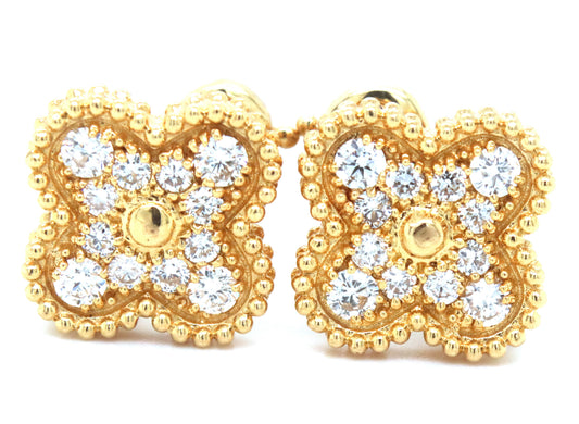 18KT Yellow Gold Hand Crafted Full Diamind pave Clover Earrings