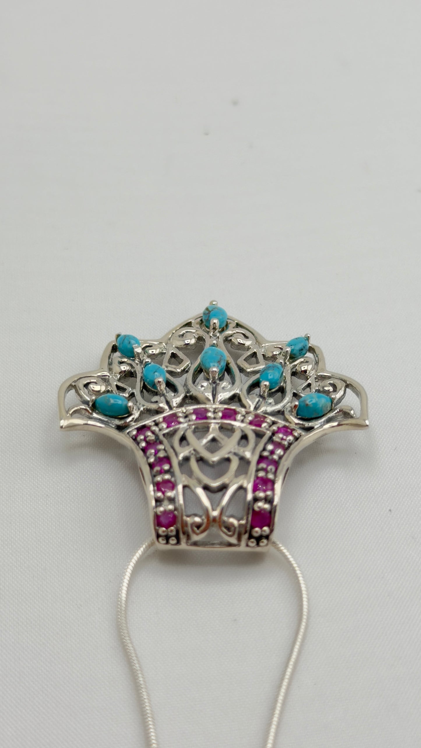 925 Sterling Silver Filigree Design Turquoise And Red Stone Details Necklace