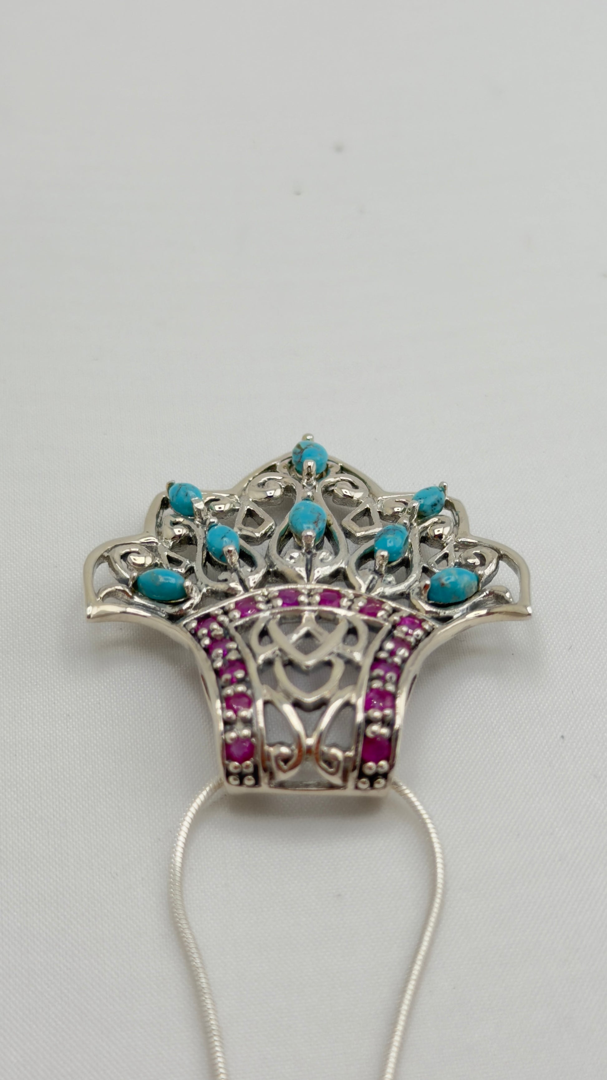 925 Sterling Silver Filigree Design Turquoise And Red Stone Details Necklace