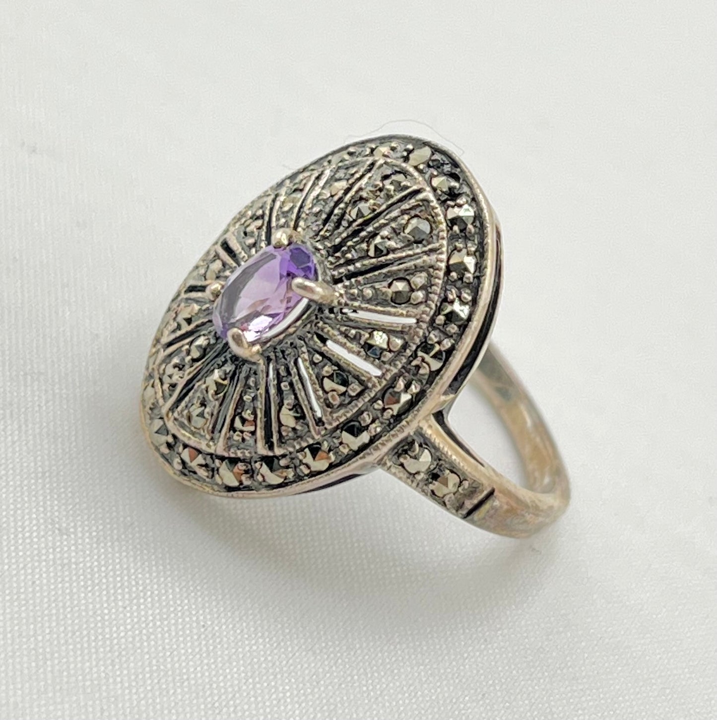 925 Sterling Silver Vintage Art Deco Marcasite Amythyst Ring