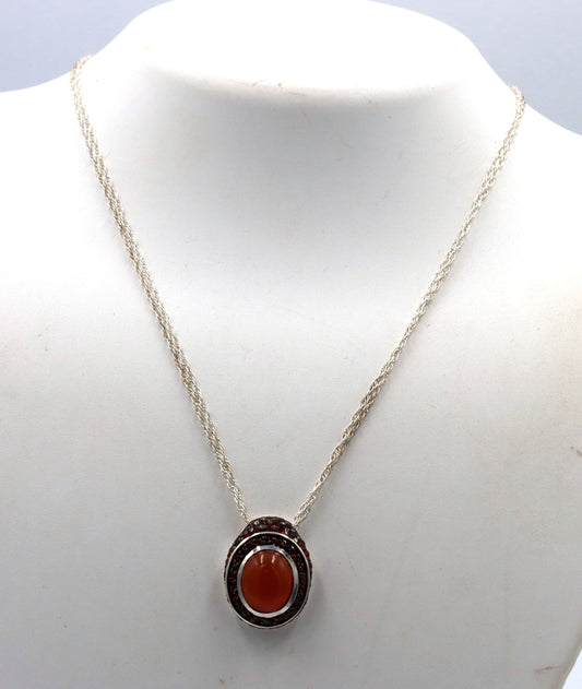 925 Sterling silver signed orange Jade pendant on double chain necklace