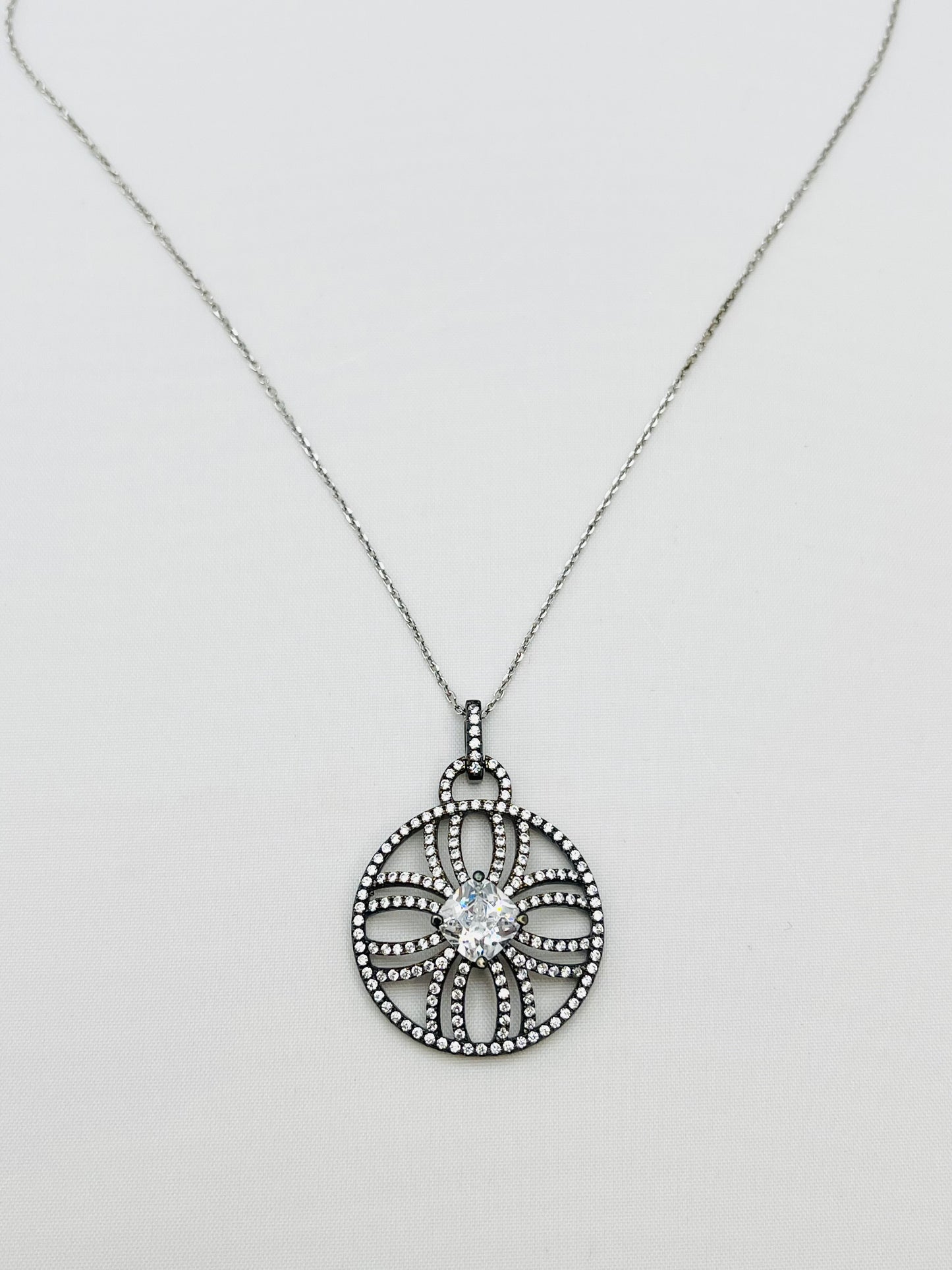 925 Sterling Silver Crystal Pave Classica Pendant With Chain Necklace