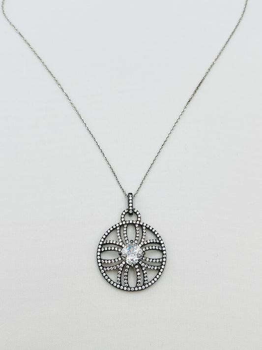 925 Sterling Silver Crystal Pave Classica Pendant With Chain Necklace