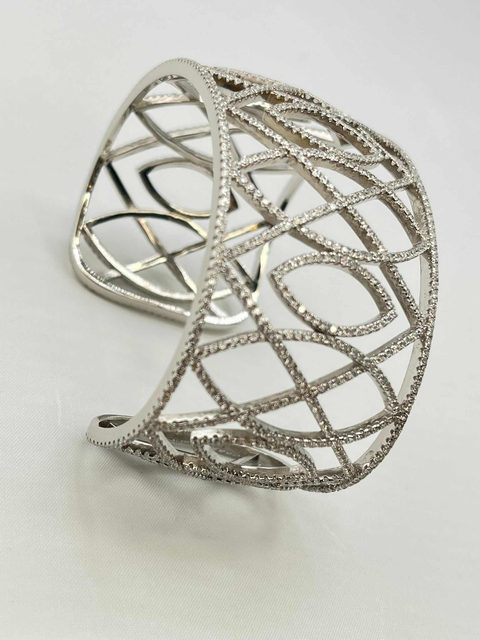 925 Sterling Silver Rhinestone Oval And Rhombus Design Wide Cuff Bracelet